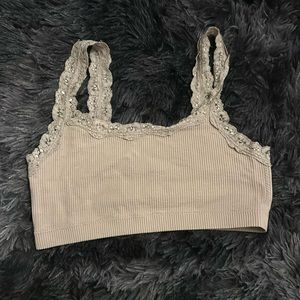 garage, worn, tan cropped lacey top, size M/L